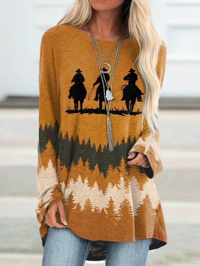 Women's Vintage Print Crew Neck Long Sleeve T-Shirt